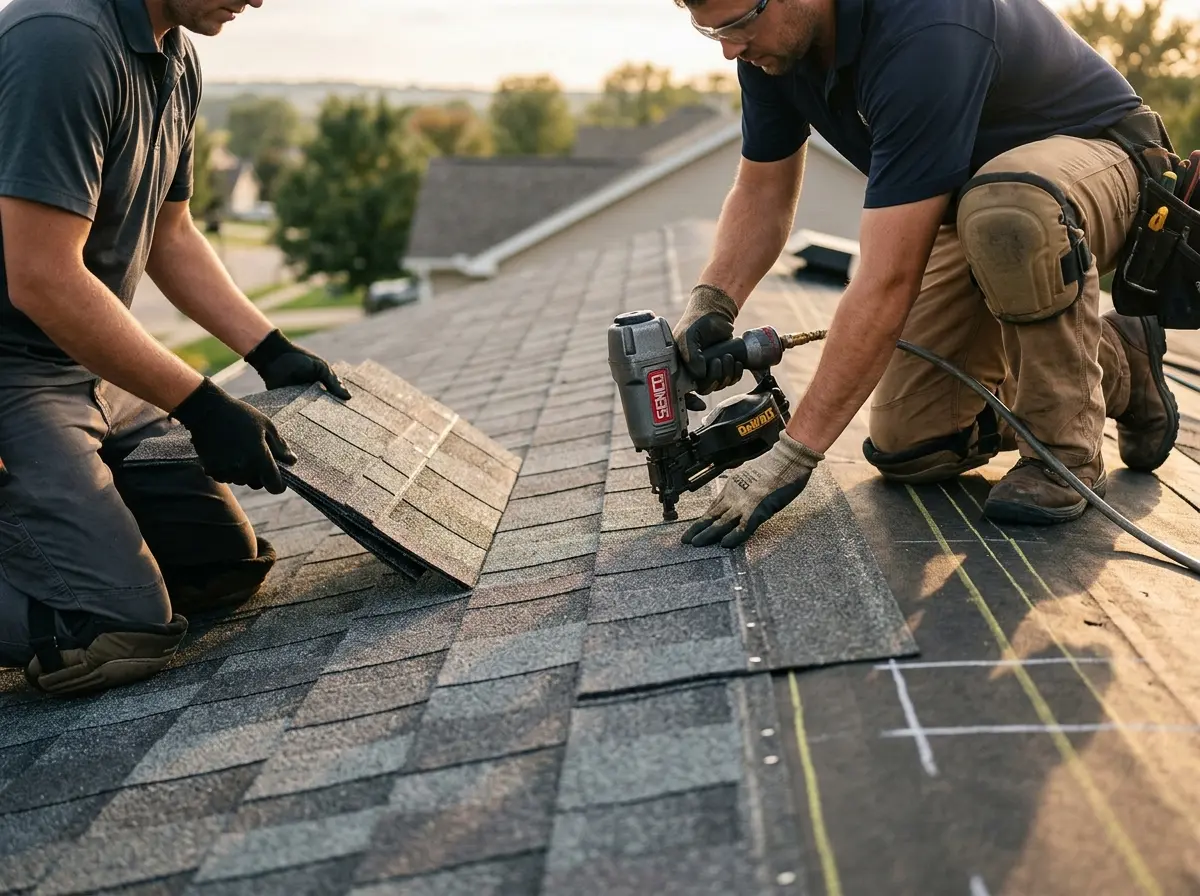 Professional roofer working on a residential roof in Fairmont